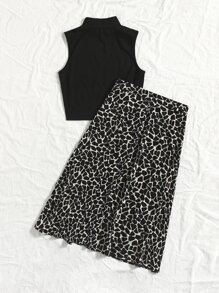 SHEIN LUNE Solid Mock Neck Tank Top & Allover Print Skirt - Black - View 2
