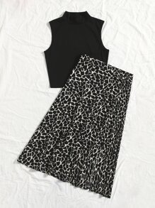 SHEIN LUNE Solid Mock Neck Tank Top & Allover Print Skirt - Black - View 5