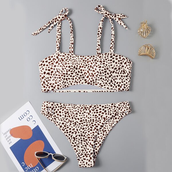 

Dalmatian Tie Shoulder Bikini Swimsuit, Multicolor