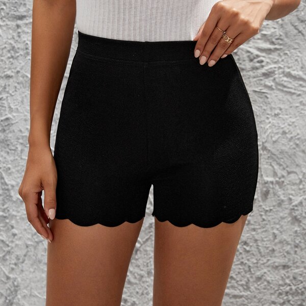 

High Waist Scallop Trim Biker Shorts, Black