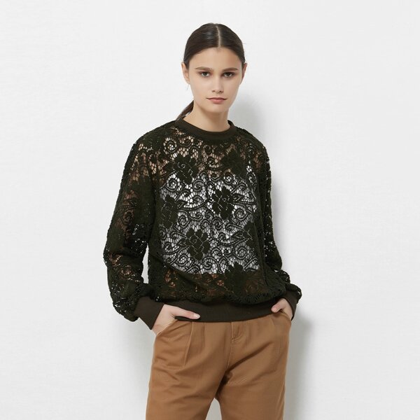

Guipure Lace Round Neck Pullover, Army green