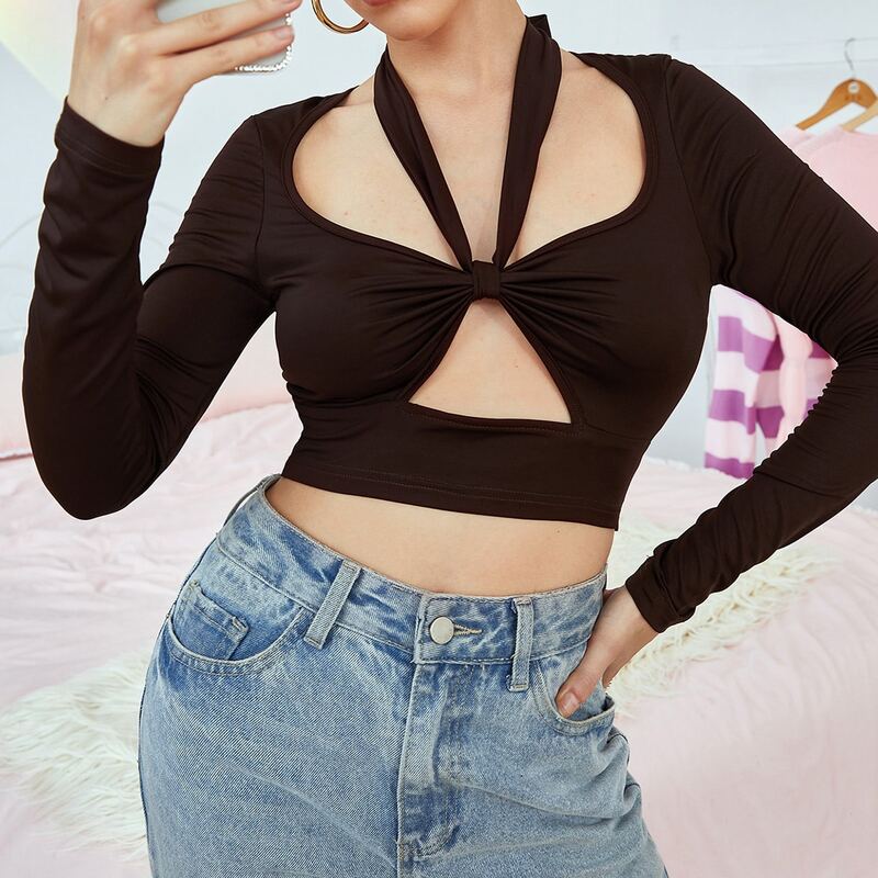 

Tie Back Cut-out Crop Tee, Chocolate brown