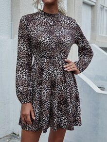 SHEIN LUNE Leopard Print Blouson Sleeve Button Up Dress - Multicolor - View 4