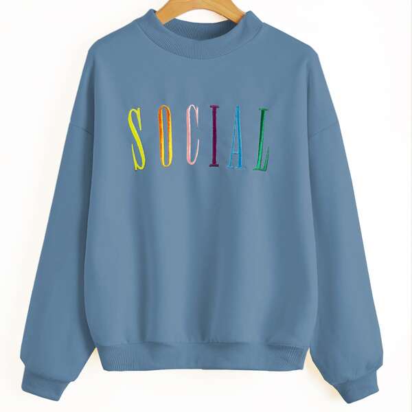 

Drop Shoulder Letter Embroidery Pullover, Blue