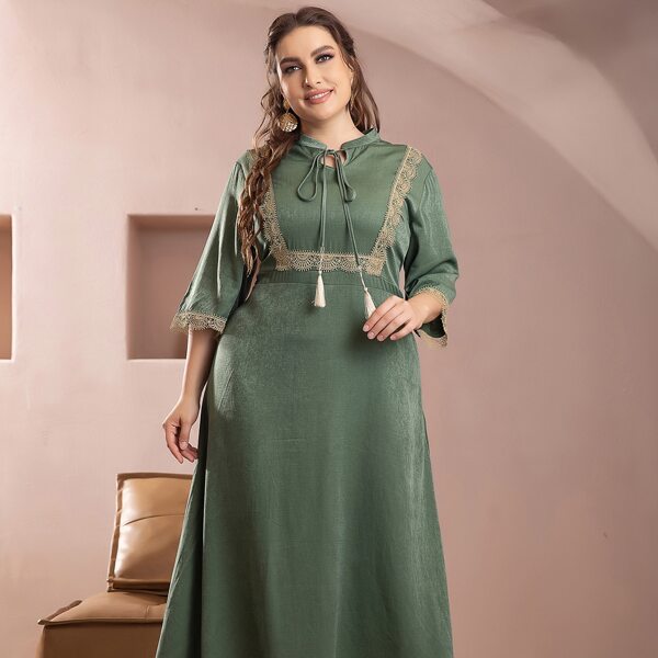 

Plus Guipure Lace Insert Tassel Tie Dress, Olive green