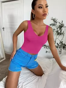 Chiquease 女士純色肋編鎖骨背心 - 粉色 - 查看 5