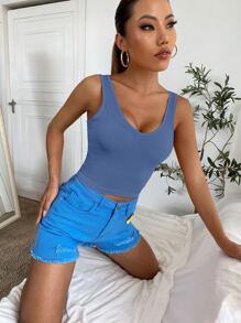 Chiquease Top De Punto Acanalado Con Escote En V Y Corte Corto, Adecuado Para El Verano - Azul - Ver 4