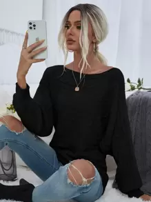 SHEIN LUNE Jersey de cuello barco tejido de cable - Negro - Ver 1