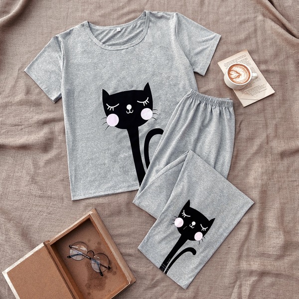 

Cat Print Tee & Pants PJ Set, Light grey