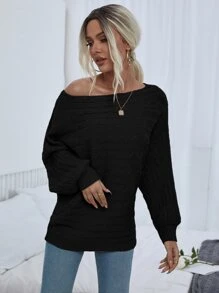 SHEIN LUNE Jersey de cuello barco tejido de cable - Negro - Ver 5