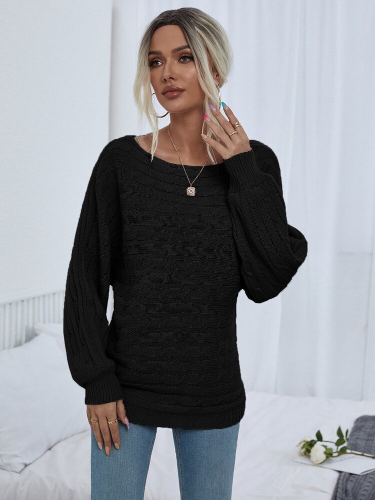 SHEIN LUNE Boat Neck Cable Knit Jumper - Black - View 6