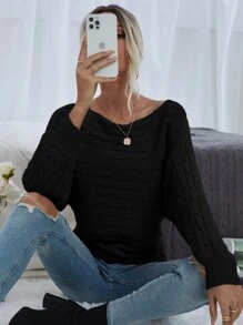 SHEIN LUNE Jersey de cuello barco tejido de cable - Negro - Ver 7