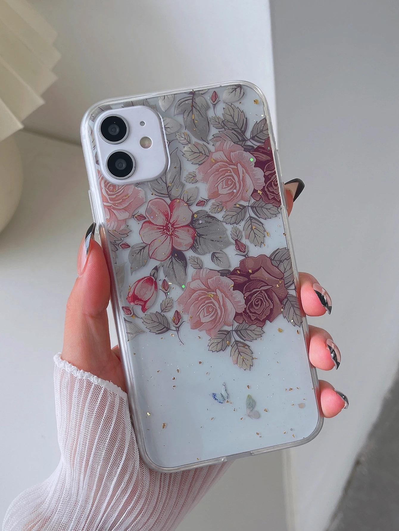 Gold Foil Decor Flower Print Clear Case Compatible With Iphone Shein Uk