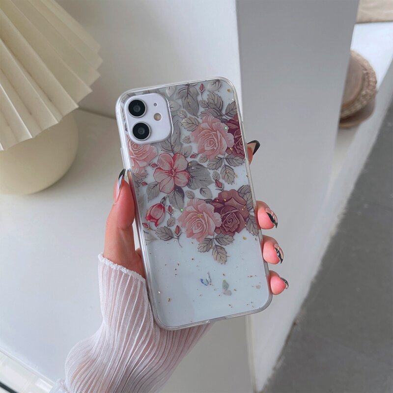 

Gold Foil Decor Flower Print Clear iPhone Case, Multicolor
