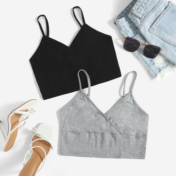 

2pcs Wrap Detail Solid Cami Top, Multicolor