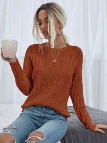 SHEIN LUNE Jersey tejido de cable de hombros caídos - Óxido marrón - Ver 1