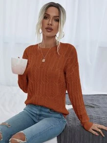 SHEIN LUNE Jersey tejido de cable de hombros caídos - Óxido marrón - Ver 3