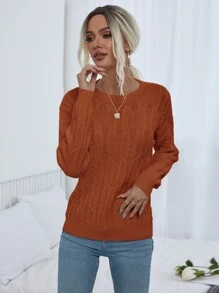 SHEIN LUNE Jersey tejido de cable de hombros caídos - Óxido marrón - Ver 4