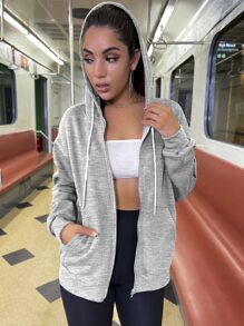 SHEIN Unity Áo nỉ Dây kéo Túi màu trơn Giải trí - Xám - Xem 4