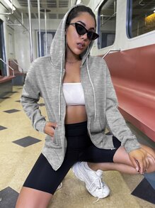 SHEIN Unity Áo nỉ Dây kéo Túi màu trơn Giải trí - Xám - Xem 5