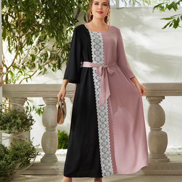 

Plus Contrast Guipure Lace Color Block Belted Dress, Multicolor