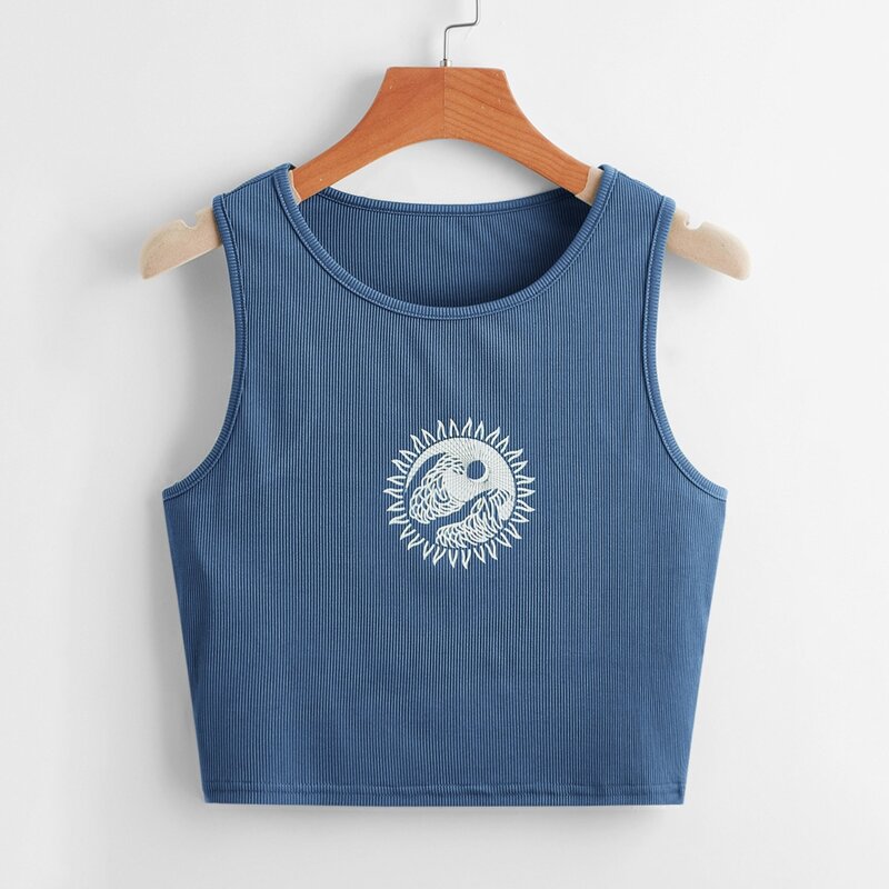 

Graphic Print Rib-Knit Tank Top, Dusty blue