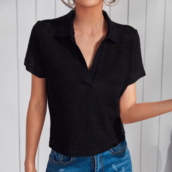 

V-collar Solid Waffle Knit Tee, Black