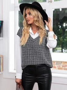 SHEIN LUNE Plaid Tweed 2 In 1 Top - Multicolor - View 5