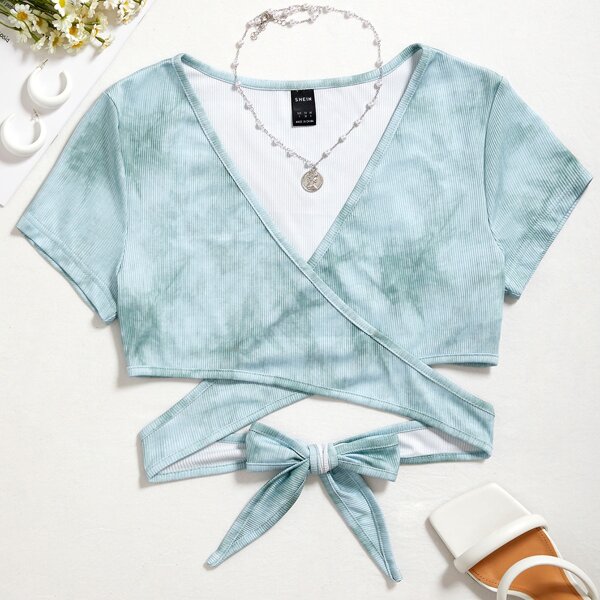 

Plunging Neck Wrap Cross Tie Back Crop Top, Mint green