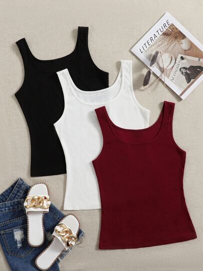 SHEIN EZwear 3 paquets de débardeurs côtelés à col en U, pour l'été