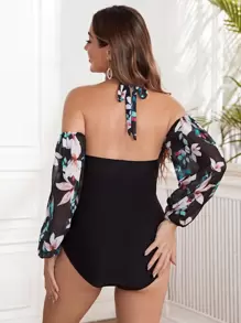 SHEIN Đồ bơi liền mảnh in hoa mùa hè cho bà bầu - màu đen - Xem 2