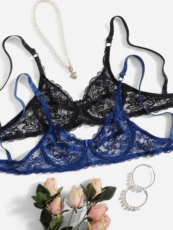 2 pachete Set sutien cu sârmă din dantelă florală Set de lenjerie