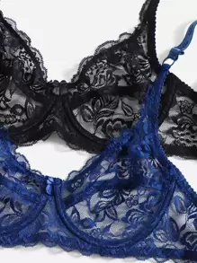 2 Conjuntos de lencería con sujetador con aros de encaje floral - Multicolor - Ver 4
