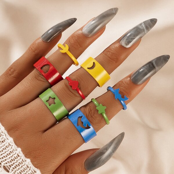 

10pcs Dolphin & Heart Decor Ring, Multicolor