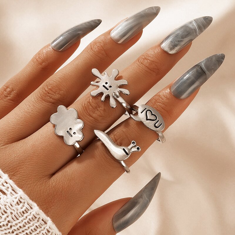 

4pcs Cartoon Graphic Ring, Silver
