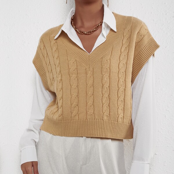 

Solid Cable Knit Sweater Vest, Camel