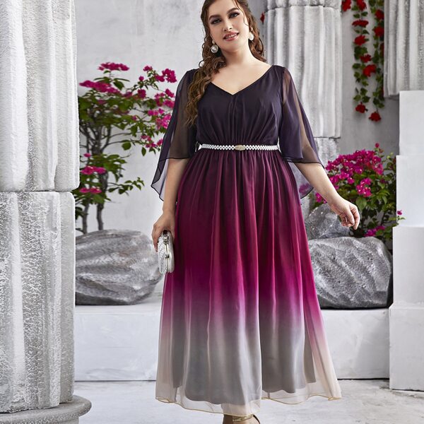 

Plus Ombre Flutter Sleeve Belted Prom Dress, Multicolor