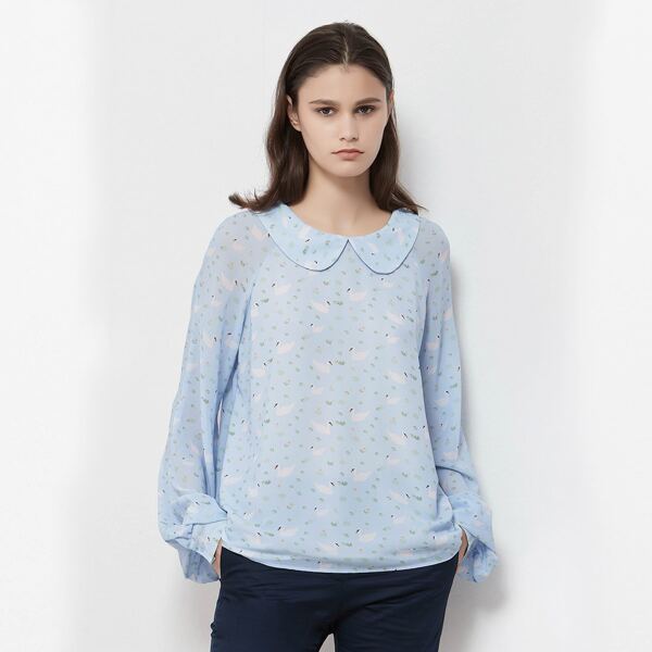

Ditsy Floral & Swan Print Peter Pan Collar Blouse, Baby blue