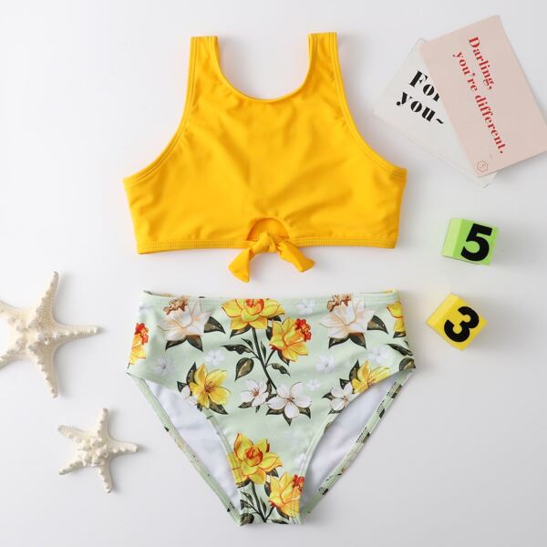

Girls Floral Print Cut-out Bikini Swimsuit, Yellow