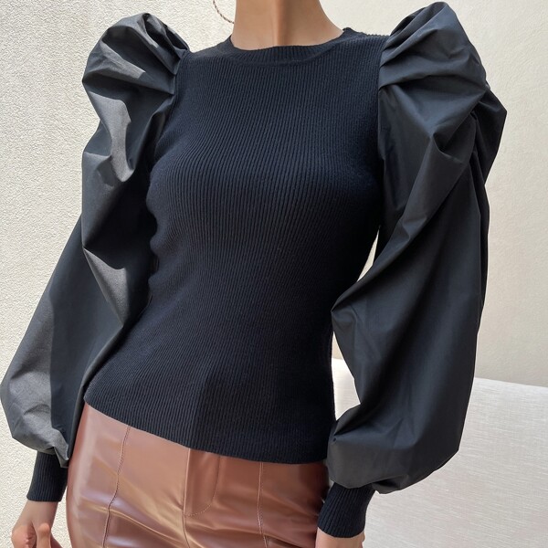

Bishop Sleeve Rib-knit Sweater, Black