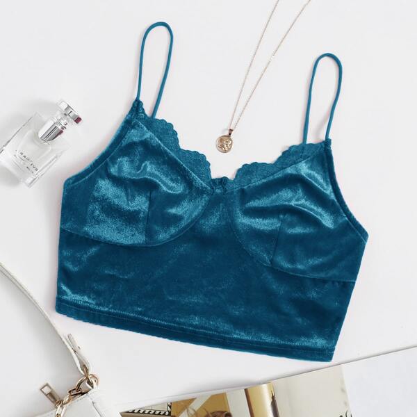 

Lace Trim Velvet Cami Top, Teal blue