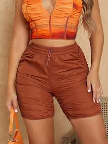 SHEIN SXY Quần short Dây kéo màu trơn Giải trí - Rỉ Nâu - Xem 1
