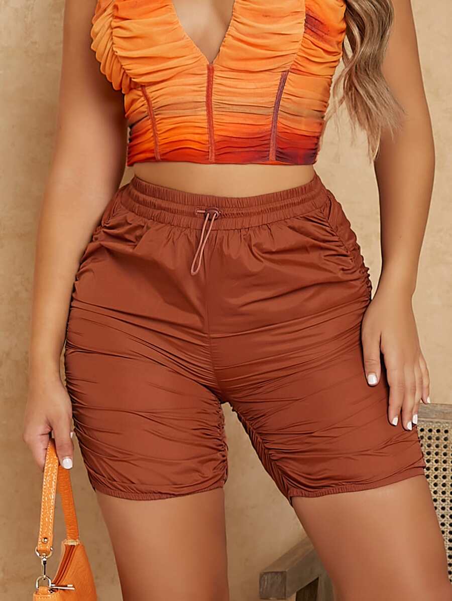 SHEIN SXY Quần short Dây kéo màu trơn Giải trí - Rỉ Nâu - Xem 1