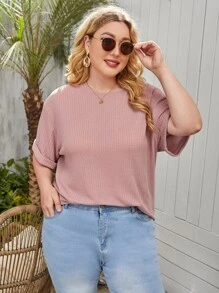 SHEIN Essnce 大碼落肩袖素色T恤 - 藕粉色 - 查看 1