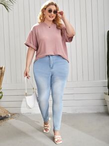 SHEIN Essnce 大碼落肩袖素色T恤 - 藕粉色 - 查看 3