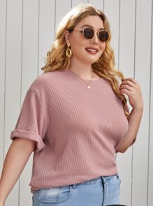 SHEIN Essnce 大碼落肩袖素色T恤 - 藕粉色 - 查看 4