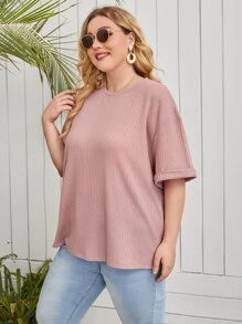 SHEIN Essnce 大碼落肩袖素色T恤 - 藕粉色 - 查看 5