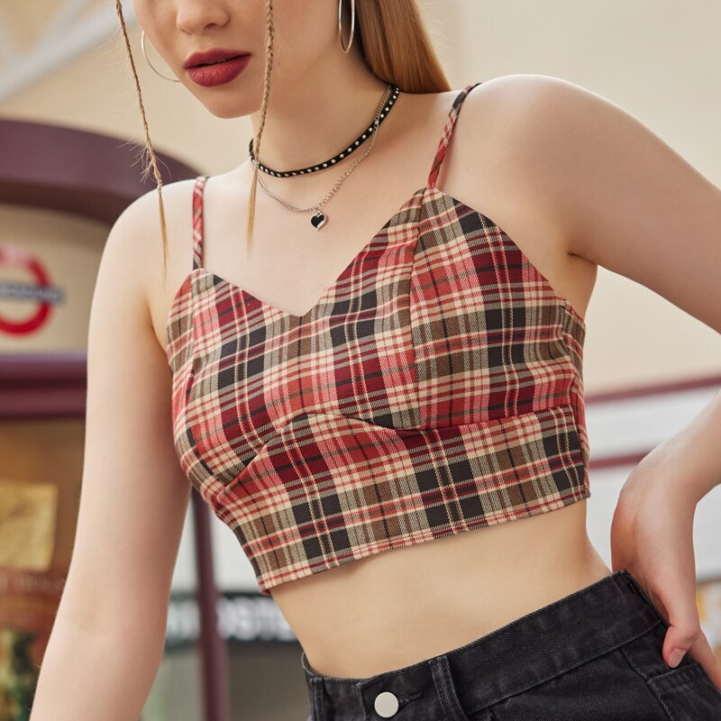 

Plaid Print Zipper Back Crop Cami Top, Multicolor