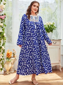 大碼印花植物刺繡流蘇系帶連衣裙 - 藍色 - 查看 1