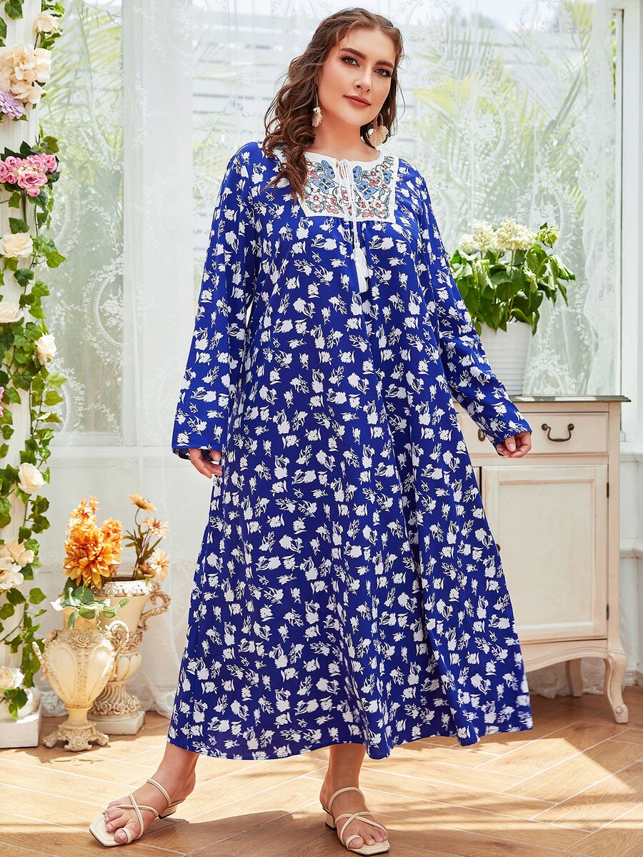 大碼印花植物刺繡流蘇系帶連衣裙 - 藍色 - 查看 1